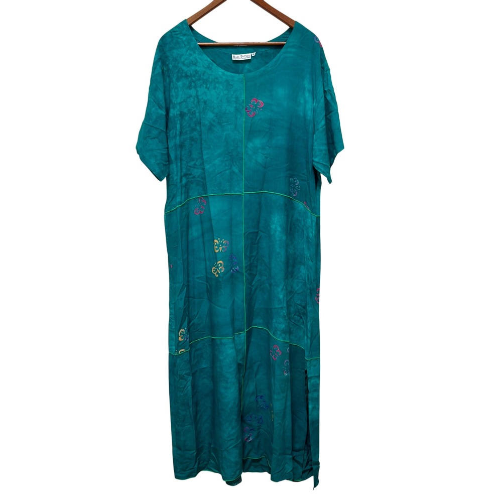 Bali Batiks Womens XL Teal Green Hand Painted Butterfly Rayon Maxi Dress Resort